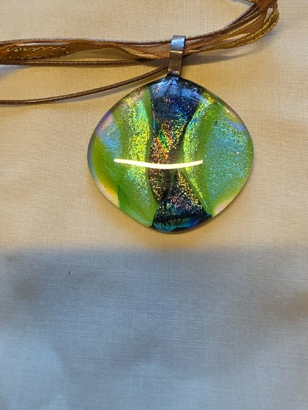 Iridescent Green Glass Pendant Necklace with Matching Earrings